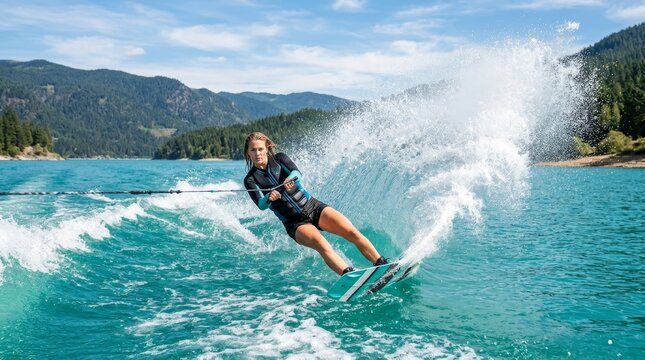 Wakeboarder executes sharp turn on turquoise lake amid mountain scenery.