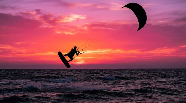Kiteboarder performs a high jump over the sea at sunset.