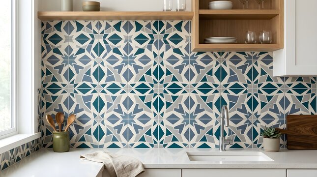 Geometric encaustic cement tiles in blue and grey tones provide artistic backsplash for bright modern kitchen space.