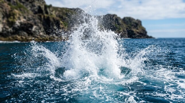 A large splash erupts as waves crash near rocky coastal cliffs.
