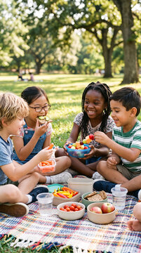 Diverse children sharing fruit and healthy snacks during a cheerful picnic, friendship and healthy childhood lifestyle, park setting, Children's Day