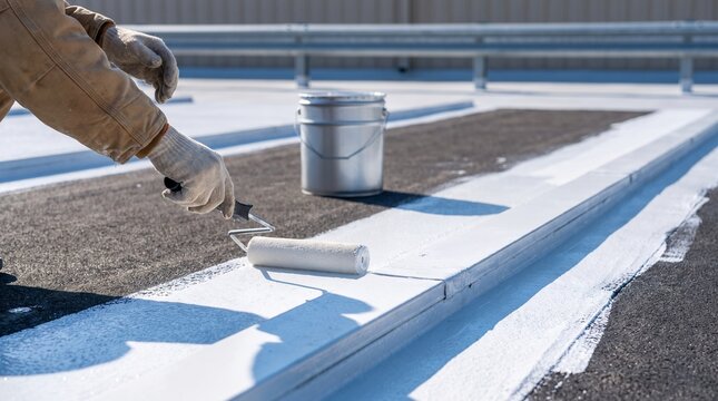 Reflective coating seals a warehouse roof seam under hard sun