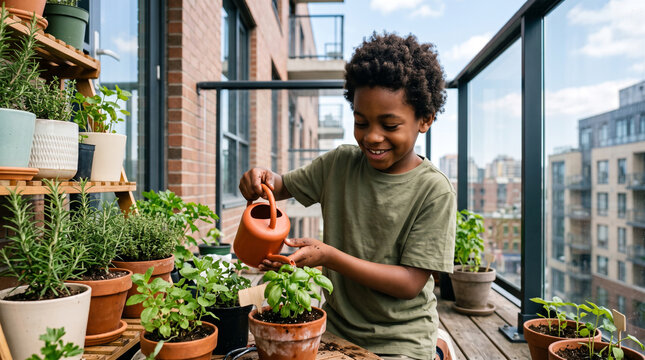 Black boy learning to grow herbs on a sunny apartment balcony, watering small plants, urban gardening and environmental education, Children's Day