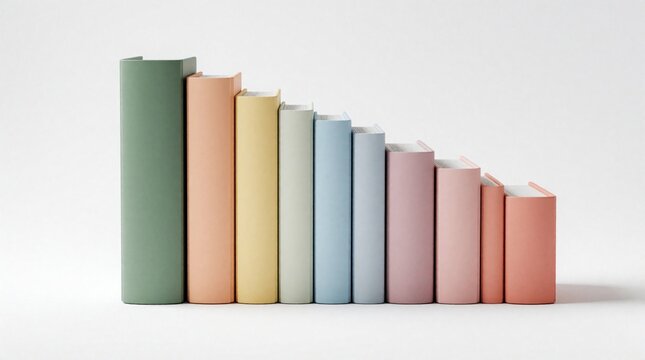 Neatly arranged books create a visual gradient from tall to short. Pastel colored covers stand in lineup formation on a clean white backdrop. Simple composition emphasizes educational content.