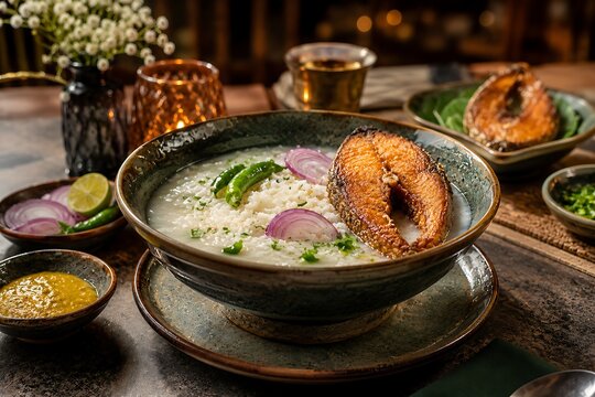 Traditional bengali panta bhat with fried hilsa fish, onion, green chili and mustard sauce served in ceramic bowl