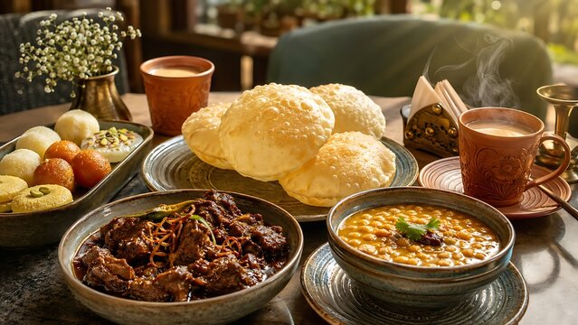 Traditional bengali breakfast spread with luchi, chana curry, mutton curry, sweets and tea
