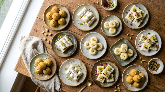 A vibrant holi celebration a delicious spread of traditional indian sweets and festive treats