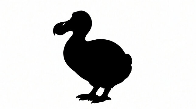 Black silhouette of extinct dodo bird on white isolated background. Flightless fowl illustration represents history and wildlife. Cartoonish simplified creature with short legs and thick beak.