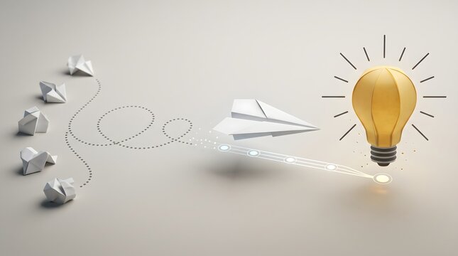 Iterative creative process concept showing a paper plane navigating from crumpled failures to a glowing lightbulb of success