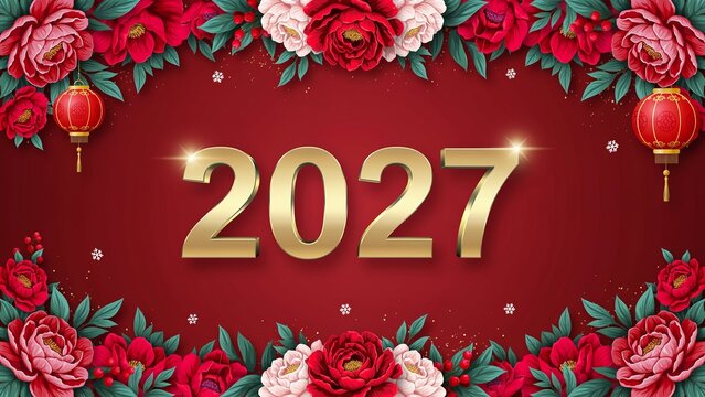 Festive 3 D of a red peony flower wreath with gold embellishments and the year 2027 3D peony flower red flowers