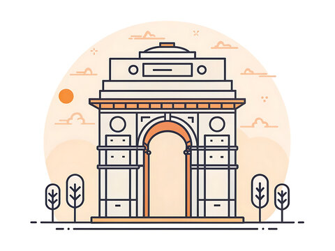 Minimal flat vector icon of the India Gate in New Delhi. Bold arch silhouette, clean architectural lines, pastel orange and beige tones, subtle warm accent light