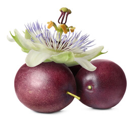Fototapeta premium Fresh passion fruits and flower isolated on white