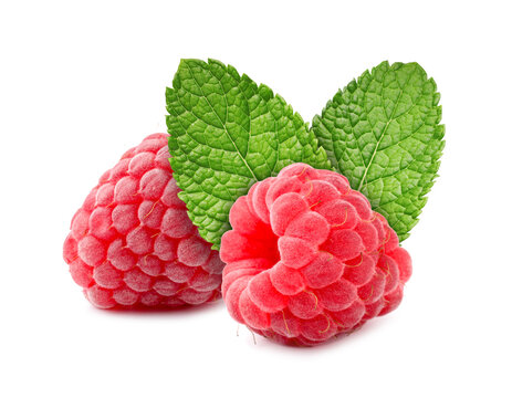 Fresh raspberries and mint leaves isolated on white