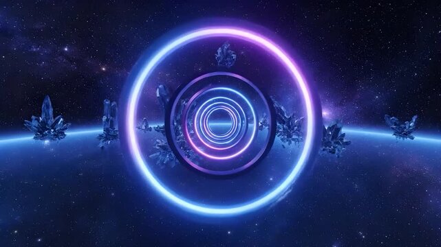 Blue crystal formations and neon rings floating in deep space galaxy environment