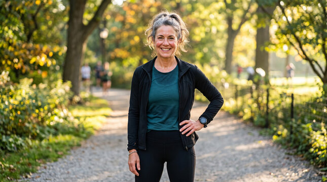 Retrato empoderador de alta resoluci&oacute;n de una mujer de mediana edad en forma y segura de s&iacute; misma en el parque