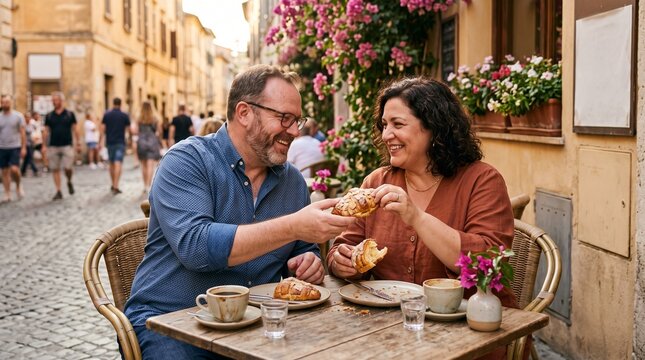 Couple sharing pastries at a flower-lined streetside cafe