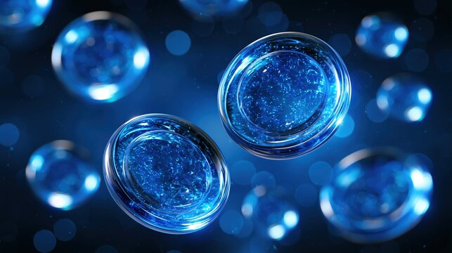 Abstract Blue Bubbles with Glowing Particles Floating in Dark Space, Microscopic View