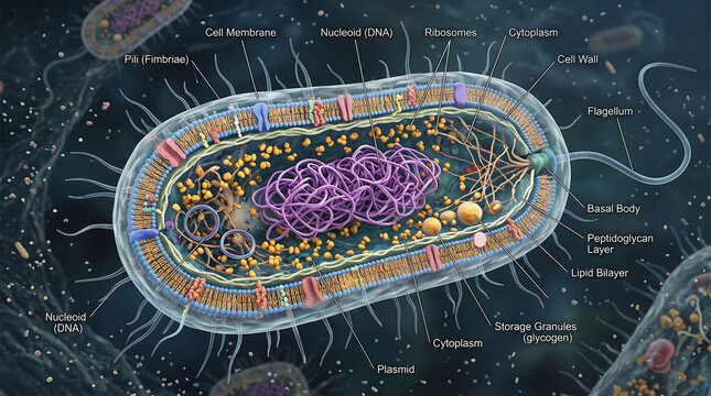 Detailed Anatomical Cross Section Illustration of a Prokaryotic Bacterial Cell Structure