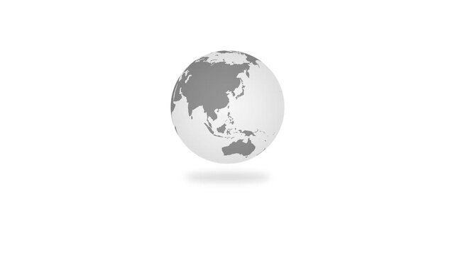 Seamless 3D animation of a rotating gray globe on a white background with shadow and copy space.