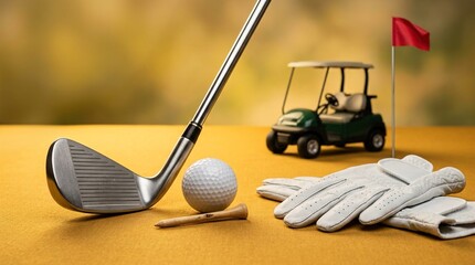 Golf club iron paired with ball on tee alongside leather glove and miniature golf cart on golden surface signifies recreational sports and professional hobby.
