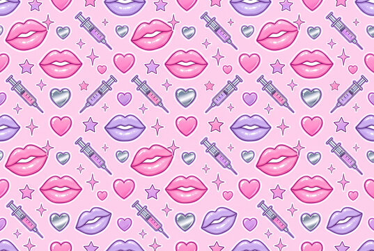 Pink lips and heart seamless pattern with syringes in pastel pop style