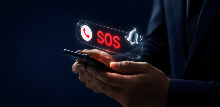 Businessman Holding Smartphone Displaying Red Glowing SOS Emergency Call Notification