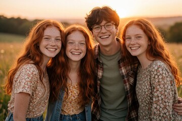 Obraz premium Four smiling teenagers with red hair and freckles pose outdoors during sunset. The group of friends share a happy moment against a warm, golden light in a grassy field.
