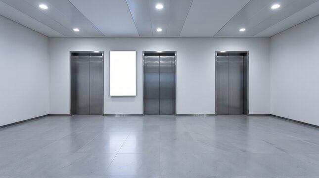 Modern Commercial Office Hallway Featuring Three Closed Metallic Elevator Doors and a Blank White Display Billboard for Advertising Mockups
