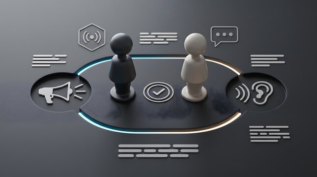 Active listening and clear communication concept with figures representing feedback loop and effective business negotiation