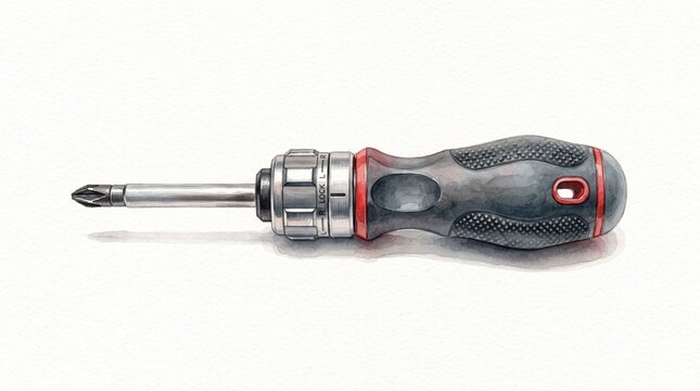 Compact ratchet screwdriver for household repairs and practical DIY projects, watercolor illustration isolated on white background.