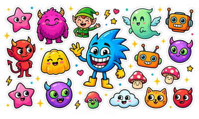 Fototapeta premium Fun sticker collection with cute creatures robots mushrooms and monsters provides cheerful visual assets for creative projects kids.