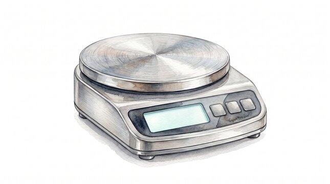 Professional digital portion scale for restaurant food consistency and kitchen cost control, watercolor illustration isolated on white.