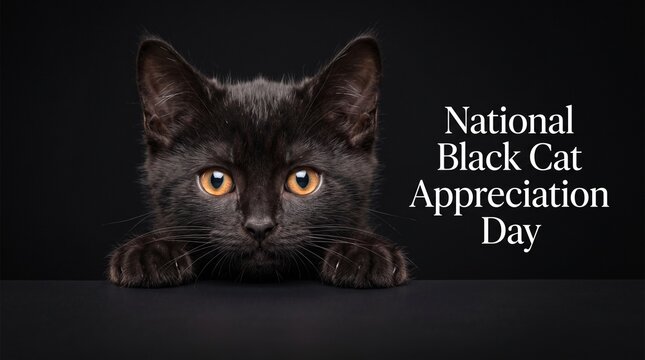 National Black Cat Appreciation Day banner, cute black kitten peeking over edge, dark feline portrait with orange eyes on black background