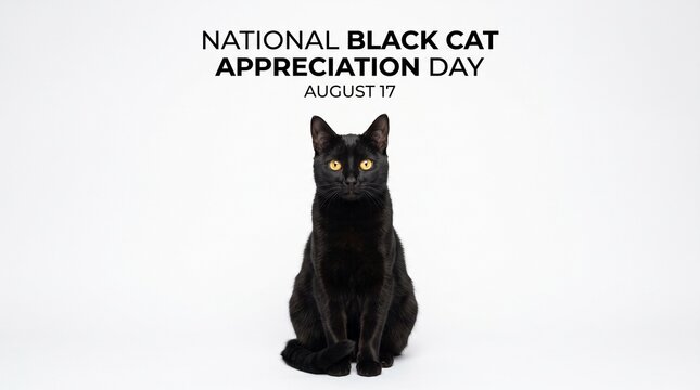National Black Cat Appreciation Day banner, August 17 holiday poster with black cat, minimalist feline portrait on white background