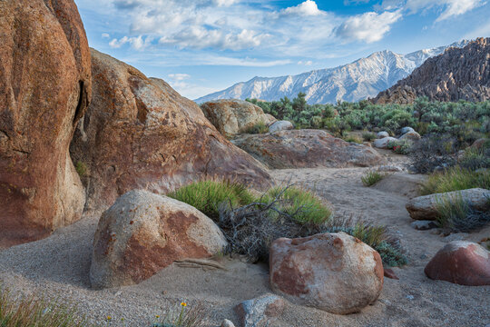 Beautiful wide view of rock formations in Alabama Hills under Sierra Nevada mountains