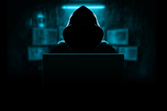 Faceless person in hoodie behind laptop surrounded by screens, symbolizing cyberattack, data breach risk and digital security threats.