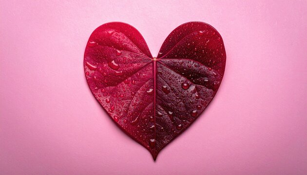 Wet heart shaped leaf on pink paper, romantic greeting card