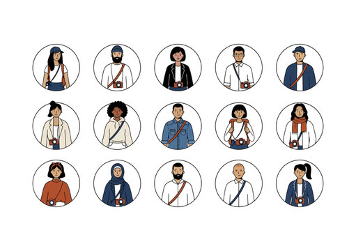 Collection of diverse illustrated portraits in circular frames on a white background