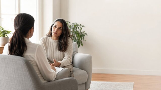 Two women engaged in a conversation about mental health awareness while seated in a modern, well-lit therapy room with plants and neutral decor