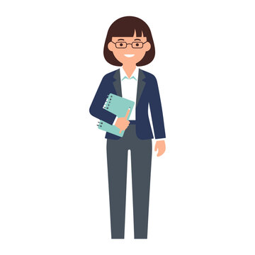 Smiling businesswoman with short hair holding a folder in a professional setting