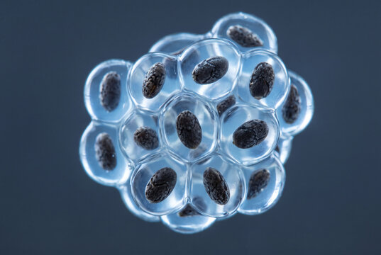 Morula Cell Cluster in Blue Glassy 3D Biological Microstructure