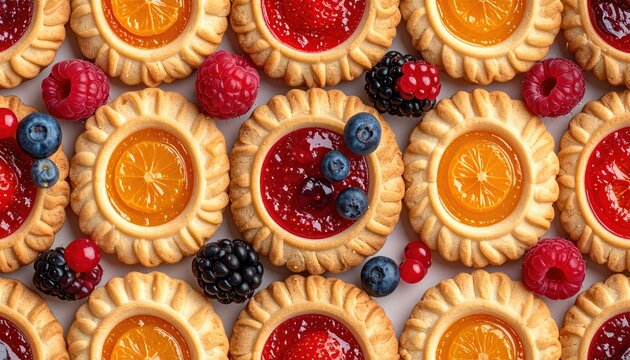 Seamless pattern with fruit filled cookies, sweet dessert background