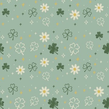 Pastel Green Clover and Daisy Seamless Pattern with Sparkle Doodles