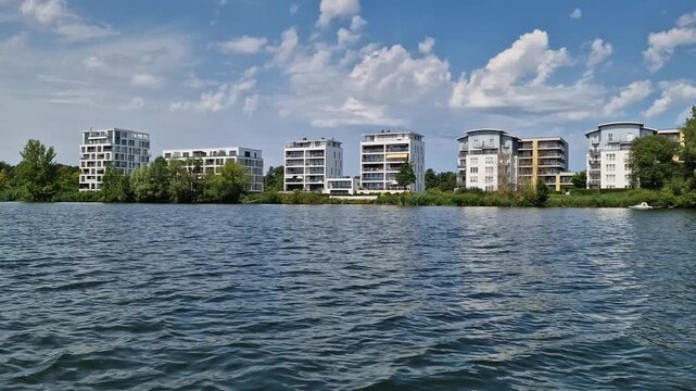 Modern waterfront residential district beside a Ziegelsee lake in Schwerin, Germany
