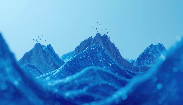 Abstract digital mountain landscape composed of glowing blue particles with mountain landscape abstract particles geometry topography mountains background rendered structure environment
