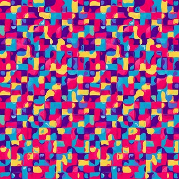 Abstract seamless pattern with colorful geometric shapes in bright pink blue yellow and purple