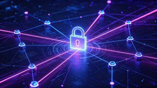 Blockchain nodes with glowing lock