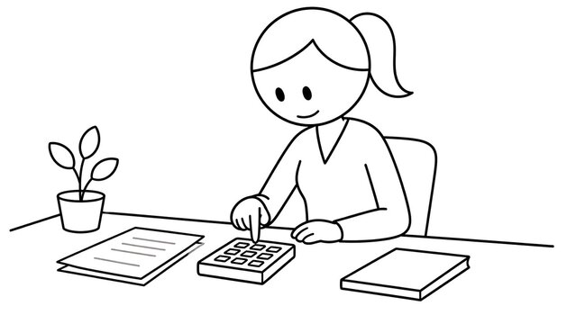 Simple stick-figure illustration depicts woman's hand using a calculator.