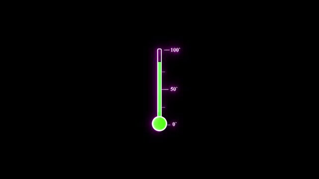 Glowing Neon Green Thermometer Animation Showing Rising Temperature Scale to 100 Degrees