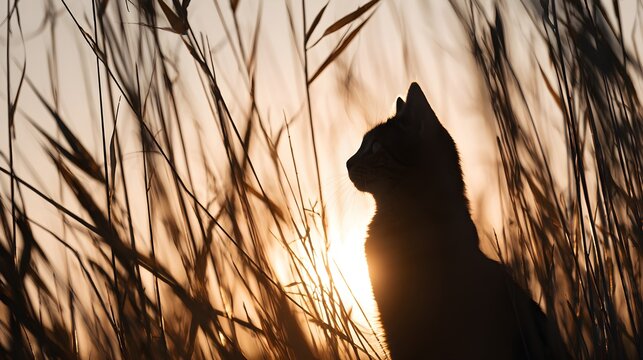 Domestic cat silhouette watching sunset surrounded by tall wild grass in golden hour natural light with captures feline silhouette framed tall swaying grass during warm sunset